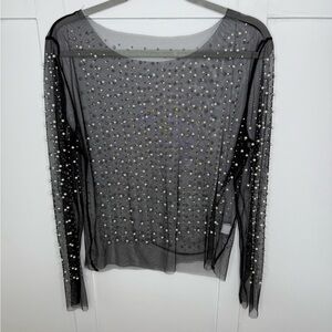 Elegant Black Sheer Pearl-Embellished Top